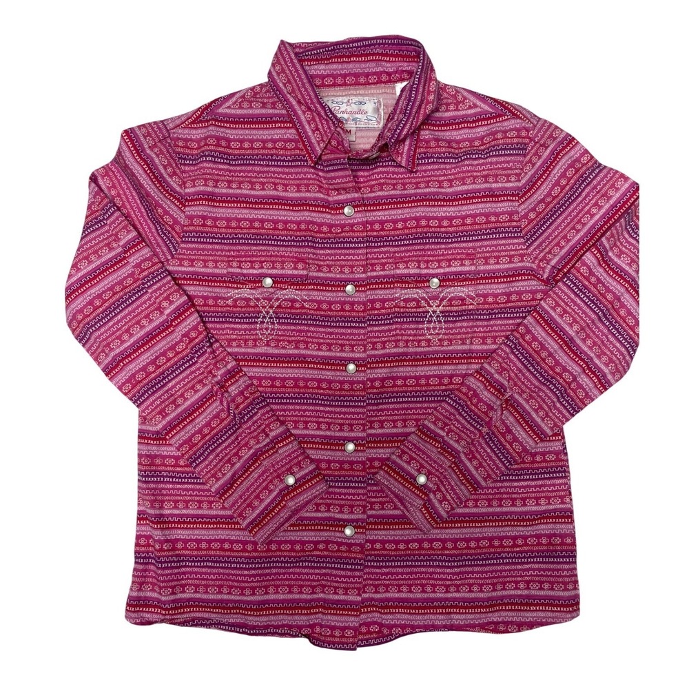 Panhandle Western Pink Purple Aztec Pearl Snap Long Sleeve Shirt Girls Medium - Picture 2 of 12
